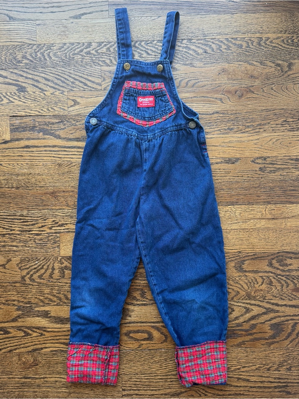 OshKosh B'gosh Vintage 90s Blue Denim Overalls with Red Plaid Accents